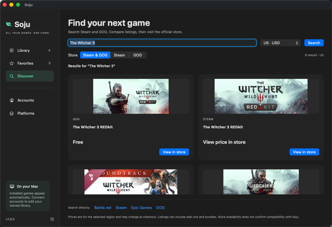 Soju Discover showing live Steam and GOG search results with store prices