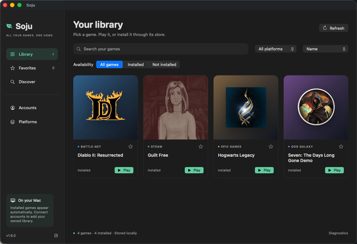 Soju's unified library showing four installed games across Battle.net, Steam, Epic and GOG
